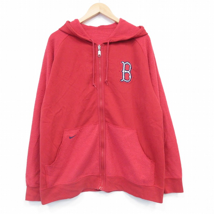 XL★古着 ナイキ NIKE 長袖 フルジップ スウェット パーカー メンズ 00年代 00s MLB ボストンレッドソックス リバーシブル ラグラン 赤 メジャーリーグ ベースボール 野球 26jan05