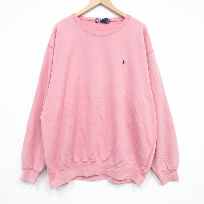 XL★古着 ラルフローレン 長袖 ブランド スウェット メンズ 90年代 90s ワンポイントロゴ 大きいサイズ クルーネック ピンク 26jan05
