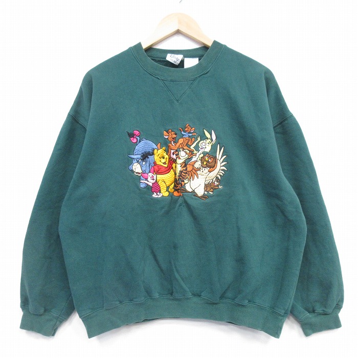 ディズニー 00s 長袖スウェット くまのプーさん刺繍 グリーン XL | 古着