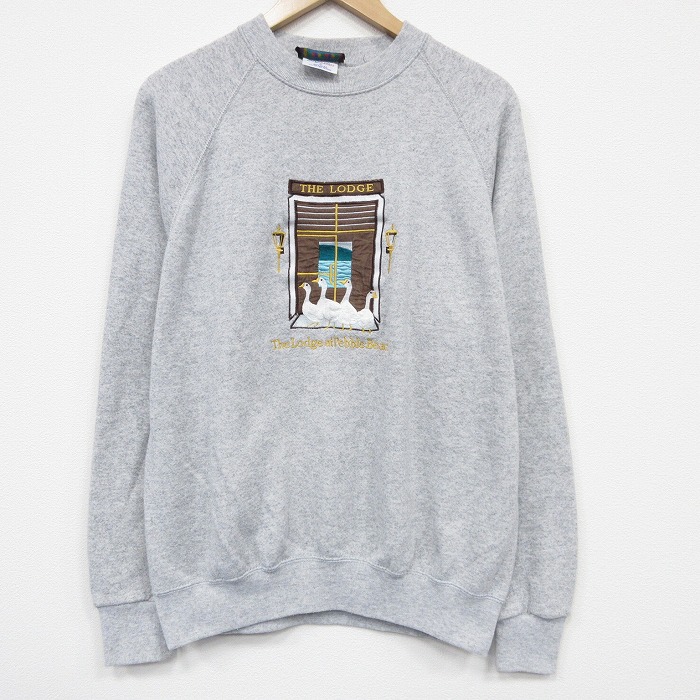 L★古着 長袖 スウェット メンズ 90年代 90s アヒル 刺繍 ラグラン クルーネック USA製 グレー 26jan06