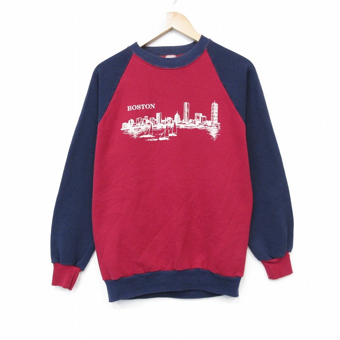 S★古着 長袖 スウェット メンズ 80年代 80s ボストン ツートンカラー ラグラン クルーネック エンジ他 26jan06