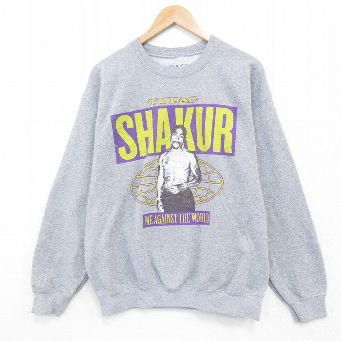 L★古着 長袖 ヒップ ホップ ラップ スウェット メンズ トゥパック 2パック 2PAC クルーネック グレー 霜降り【spe】 26jan07