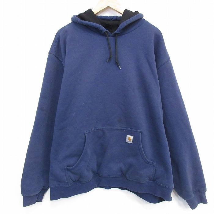 XL★古着 カーハート 長袖 スウェット パーカー メンズ ワンポイントロゴ クルーネック 紺 内側メッシュ 26jan07