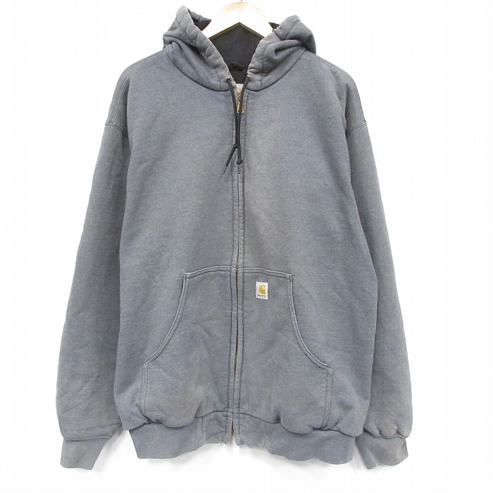 XL★古着 カーハート 長袖 フルジップ スウェット パーカー メンズ ワンポイントロゴ 薄グレー 内側メッシュ 26jan07