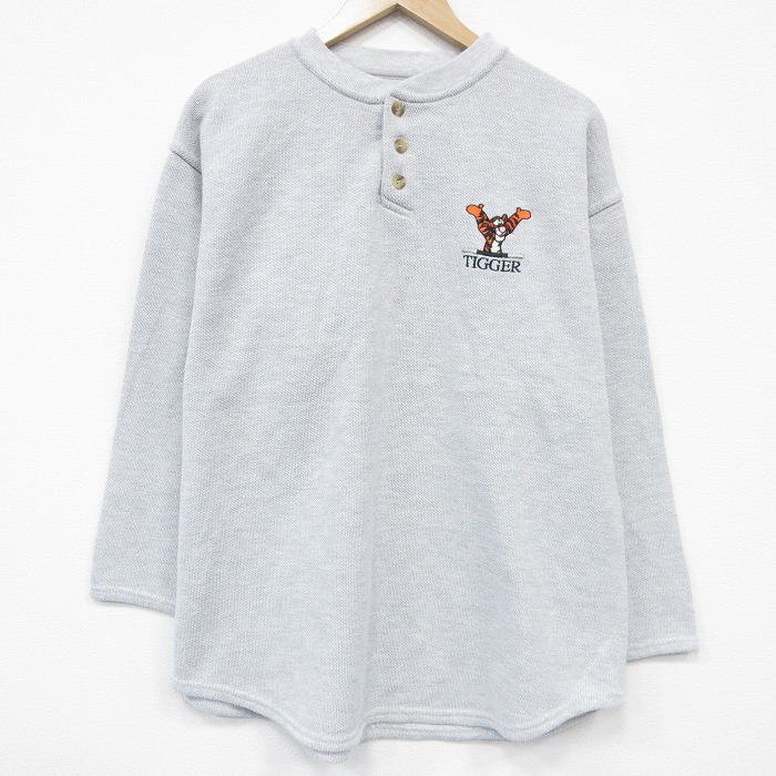 XL★古着 長袖 スウェット メンズ 00年代 00s ディズニー くまのプーさん ティガー ヘンリーネック 薄グレー 26jan08