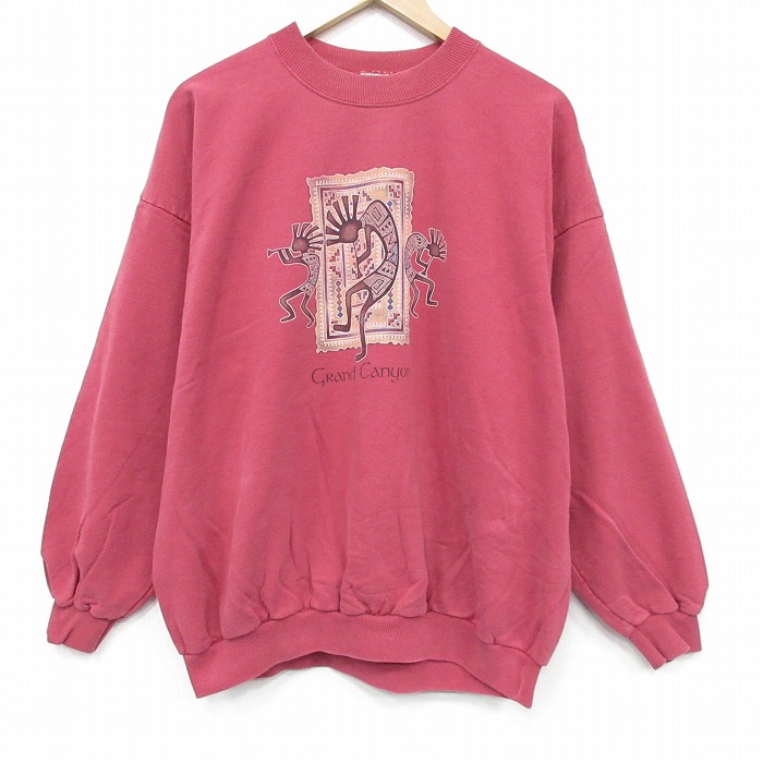 XL★古着 長袖 スウェット メンズ 00年代 00s ココペリ ホピ族 大きいサイズ クルーネック エンジ系 26jan08