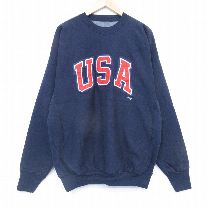 XL★古着 STEVE&BARRYS 長袖 スウェット メンズ USAロゴ クルーネック 紺 26jan09