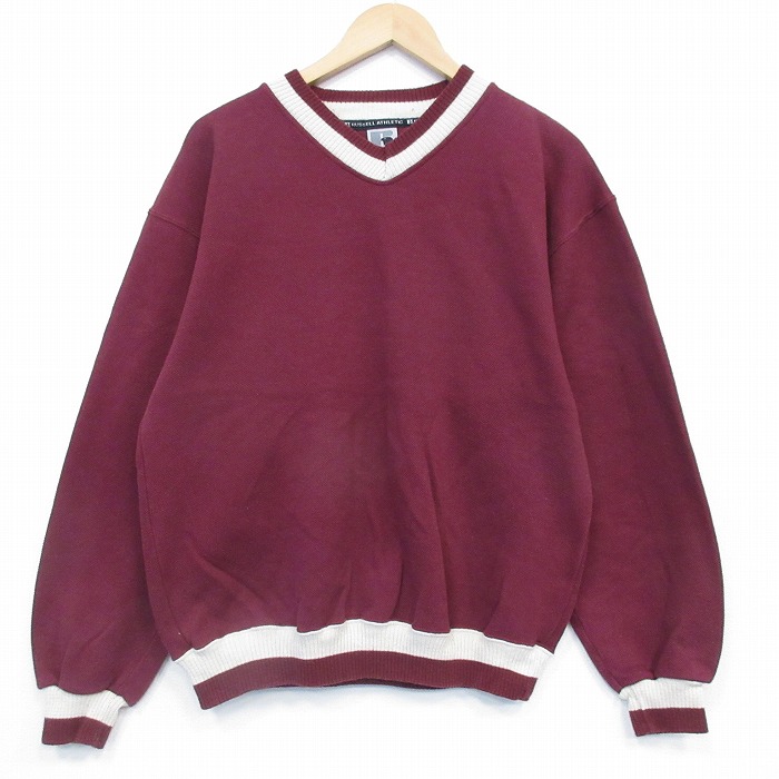 L★古着 ラッセル 長袖 スウェット メンズ 90年代 90s 無地 大きいサイズ Vネック USA製 エンジ【spe】 26jan09