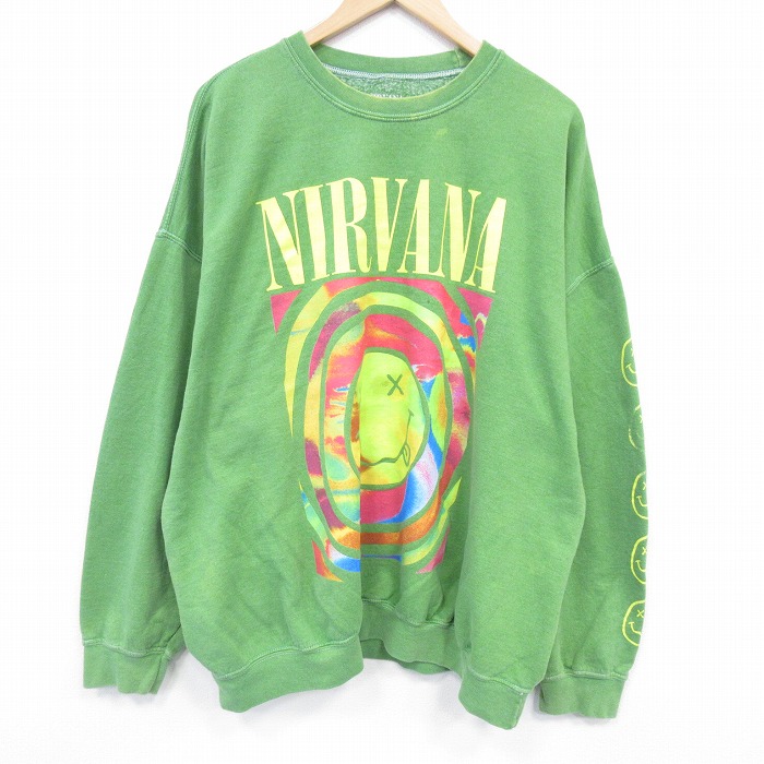 XL★古着 長袖 ロック バンド スウェット メンズ ニルバーナ ニルヴァーナ 大きいサイズ クルーネック 黄緑【spe】 26jan10