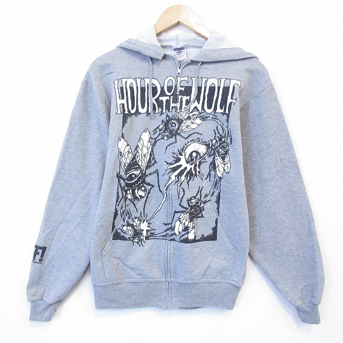 S★古着 ジャージーズ 長袖 ロック バンド フルジップ スウェット パーカー メンズ HOUR OF THE WOLF クルーネック グレー 霜降り 26jan13