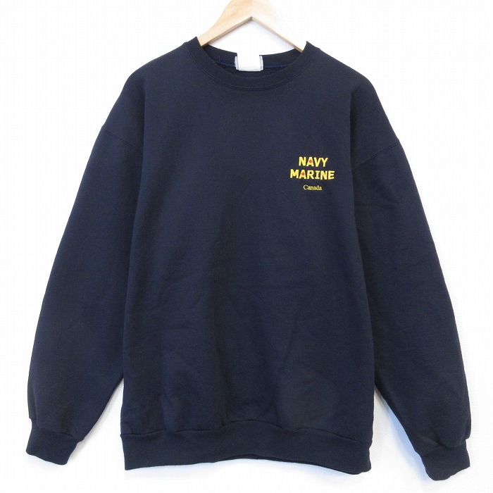 XL★古着 長袖 スウェット メンズ 90年代 90s ミリタリー NAVY クルーネック カナダ製 黒 26jan13