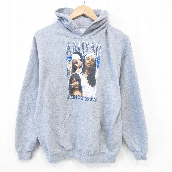 M★古着 長袖 ヒップ ホップ ラップ スウェット パーカー メンズ アリーヤ グレー 霜降り 26jan31