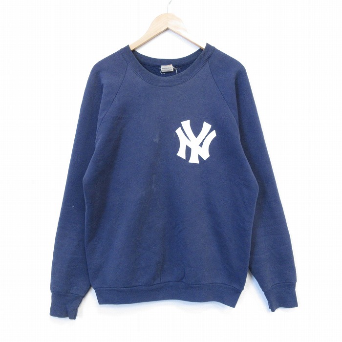 L★古着 フルーツオブザルーム 長袖 スウェット メンズ 80年代 80s MLB ニューヨークヤンキース ラグラン クルーネック USA製 紺 メジャーリーグ ベースボール 野球 26feb06