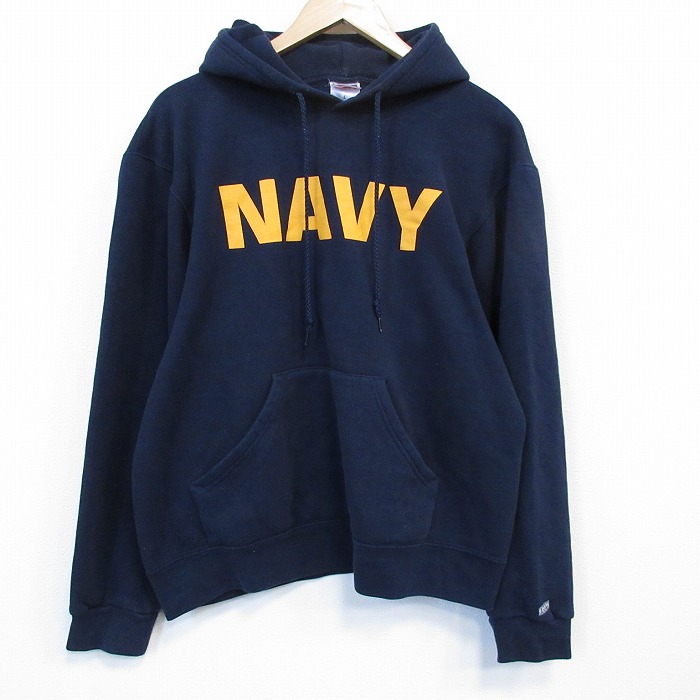 L★古着 長袖 スウェット パーカー メンズ 00年代 00s ミリタリー ネイビー NAVY 薄紺26feb03