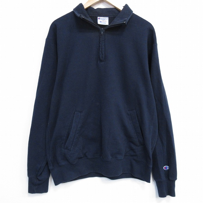 XL★古着 チャンピオン champion 長袖 ハーフジップ スウェット メンズ ワンポイントロゴ 紺 26feb04