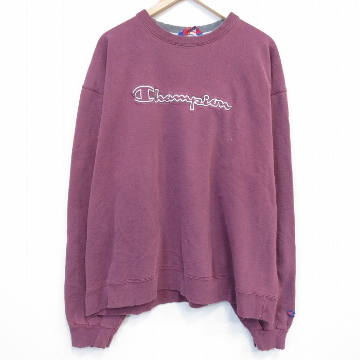 XL★古着 チャンピオン champion 長袖 スウェット メンズ ビッグロゴ 刺繍 ボロ クルーネック エンジ 26feb04