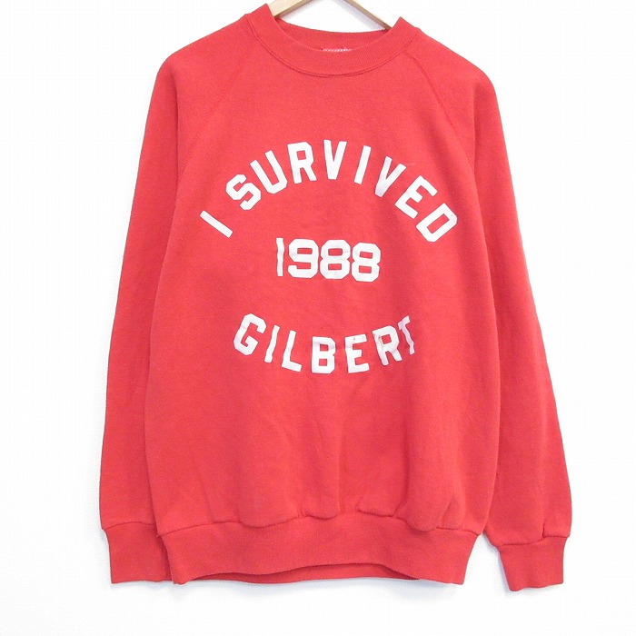 L★古着 長袖 スウェット メンズ 80年代 80s GILBERT フロッキープリント ラグラン クルーネック USA製 赤 26feb04