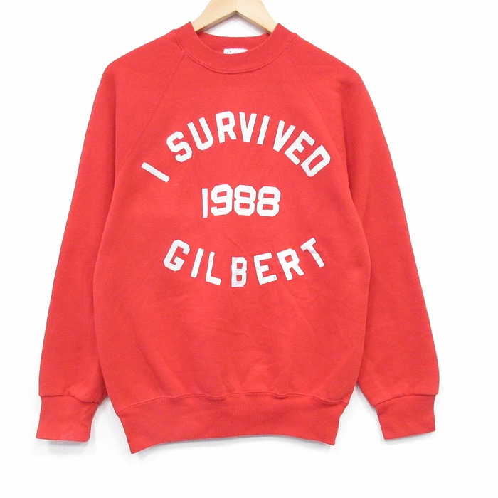 S★古着 長袖 スウェット メンズ 80年代 80s GILBERT フロッキープリント ラグラン クルーネック USA製 赤 26feb05