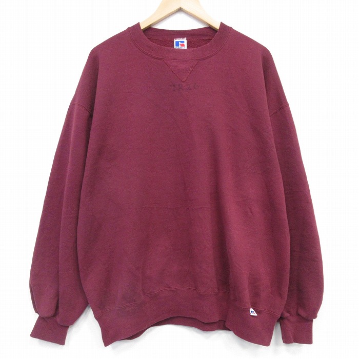 XL★古着 ラッセル 長袖 スウェット メンズ 90年代 90s 無地 大きいサイズ クルーネック USA製 エンジ【spe】 26feb05