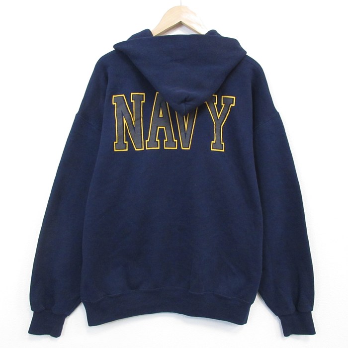 XL★古着 長袖 スウェット パーカー メンズ 90年代 90s ミリタリー ネイビー NAVY リフレクター 大きいサイズ USA製 紺 26feb18