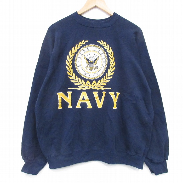 XL★古着 ARTEX 長袖 スウェット メンズ 80年代 80s ミリタリー ネイビー NAVY 大きいサイズ ラグラン クルーネック USA製 紺 26feb19