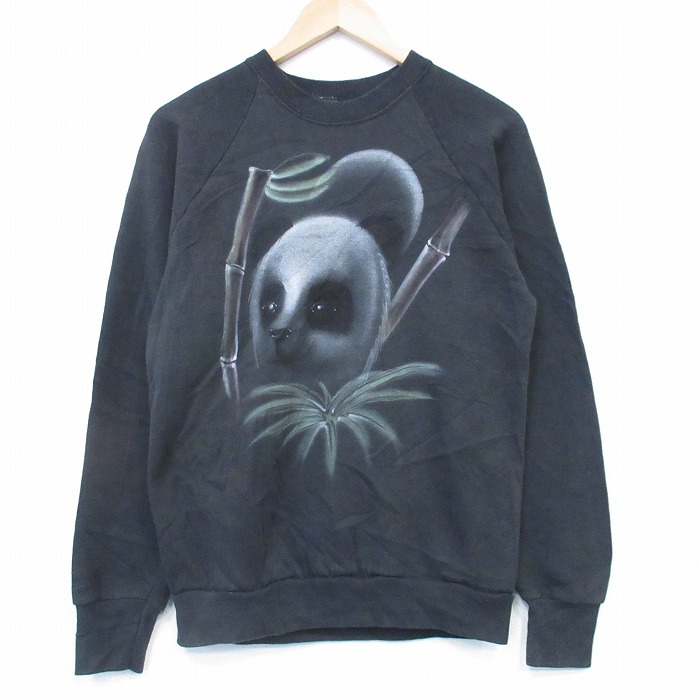 S★古着 スクリーンスターズ 長袖 スウェット メンズ 80年代 80s パンダ エアブラシ ラグラン クルーネック USA製 黒【spe】 26feb19