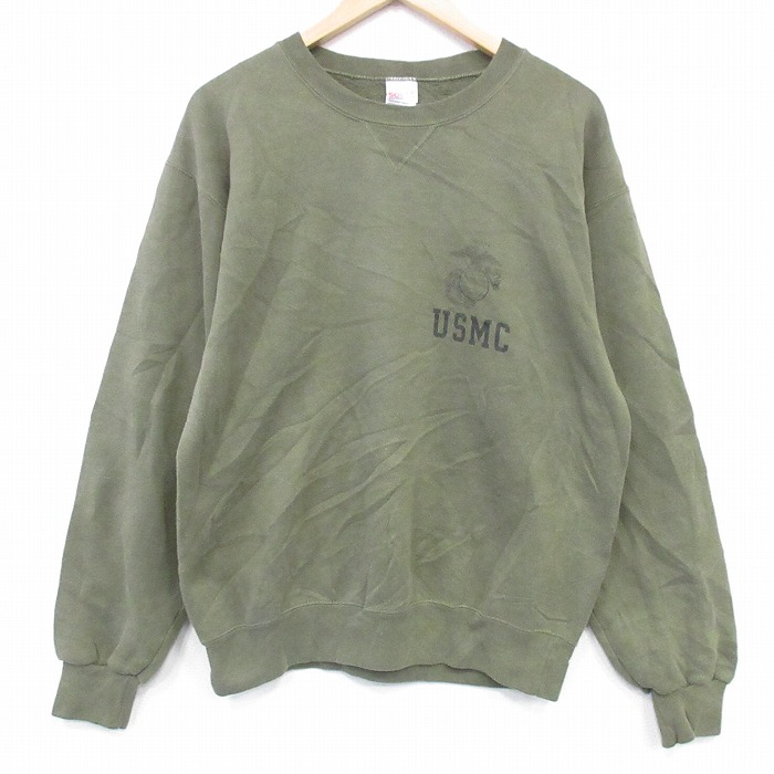 L★古着 長袖 スウェット メンズ 90年代 90s ミリタリー USMC クルーネック USA製 薄緑 26feb19
