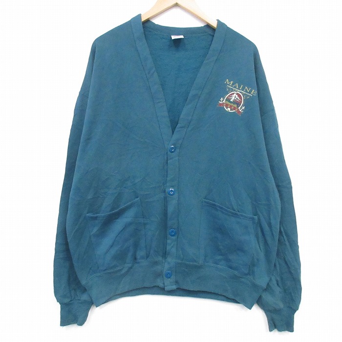 XL★古着 ジャージーズ 長袖 スウェット カーディガン メンズ 90年代 90s MAINE USA製 青緑 26feb19