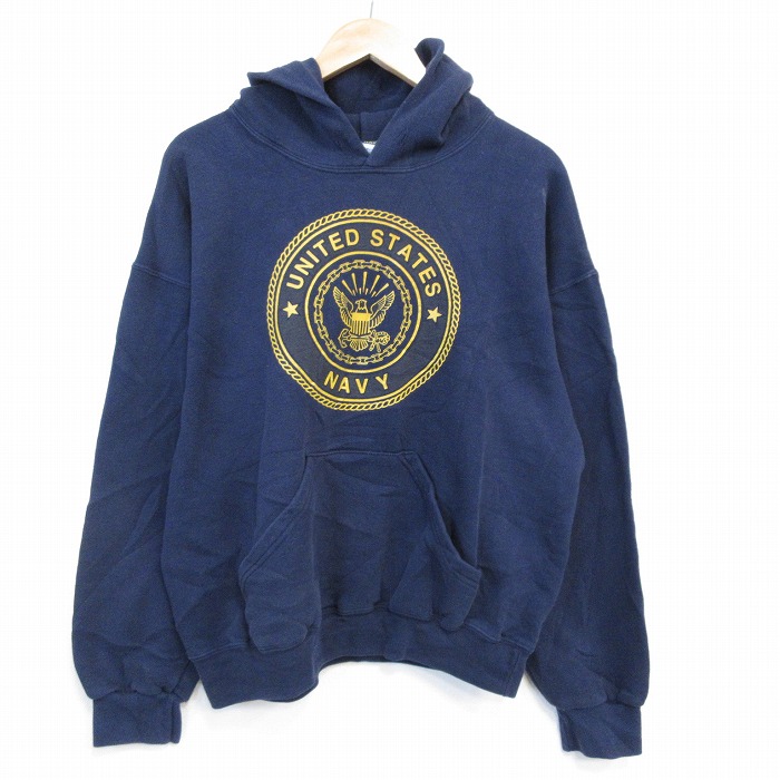 XL★古着 長袖 スウェット パーカー メンズ 90年代 90s ミリタリー USネイビー リフレクターUSA製 紺 26feb20