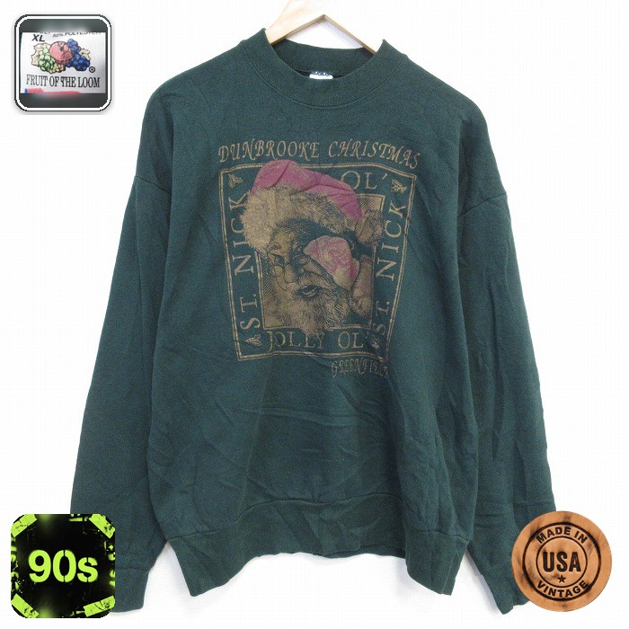 【50%OFF】フルーツオブザルーム 90s 長袖スウェット サンタクロース グリーン L | 古着