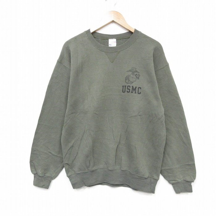 M★古着 長袖 スウェット メンズ 00年代 00s ミリタリー USMC クルーネック 緑 26feb20