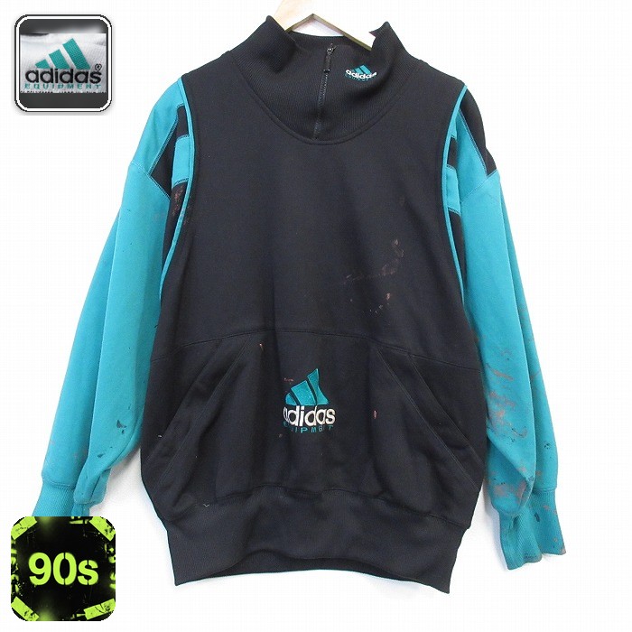 アディダス 90s 長袖ハーフジップ ビッグロゴ ブラック XL | 古着