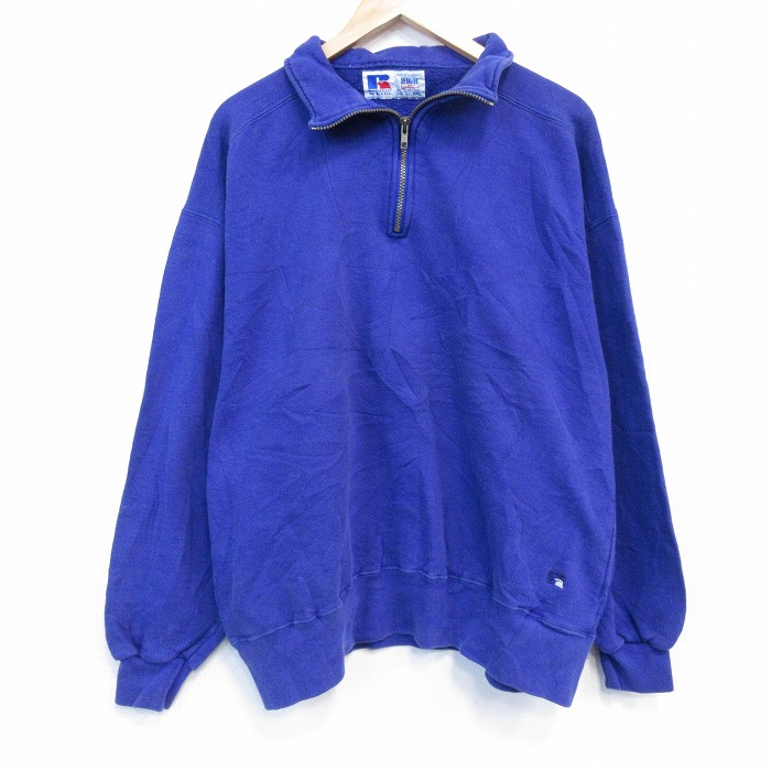 XL★古着 ラッセル 長袖 ハーフジップ スウェット メンズ 90年代 90s ワンポイントロゴ 大きいサイズ USA製 青緑【spe】 26feb21
