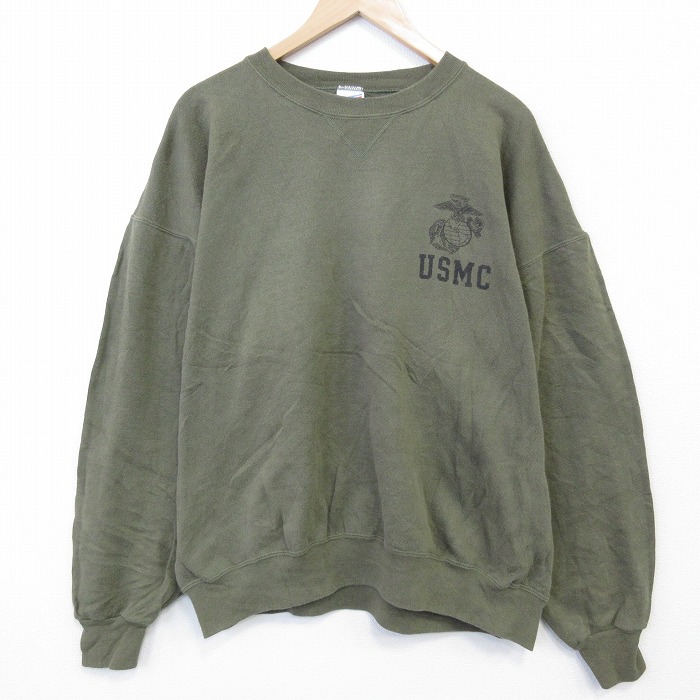 XL★古着 長袖 スウェット メンズ 90年代 90s ミリタリー USMC 大きいサイズ クルーネック USA製 薄緑 26feb21