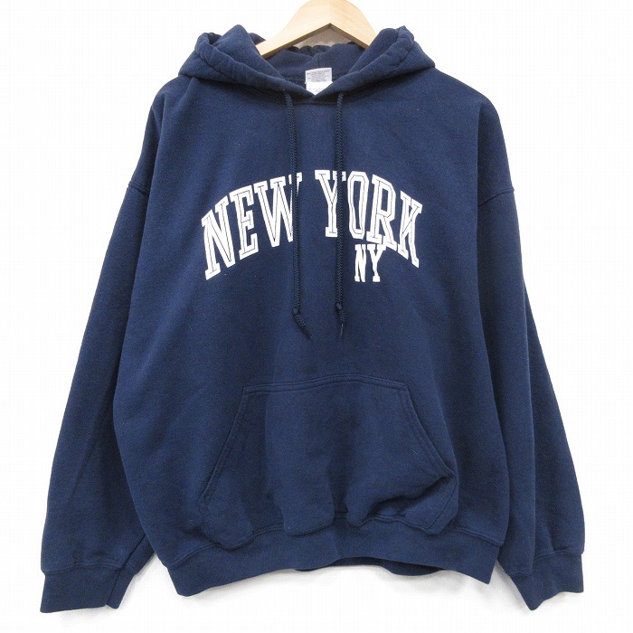 XL★古着 長袖 スウェット パーカー メンズ 00年代 00s ニューヨーク 大きいサイズ 薄紺 26feb24