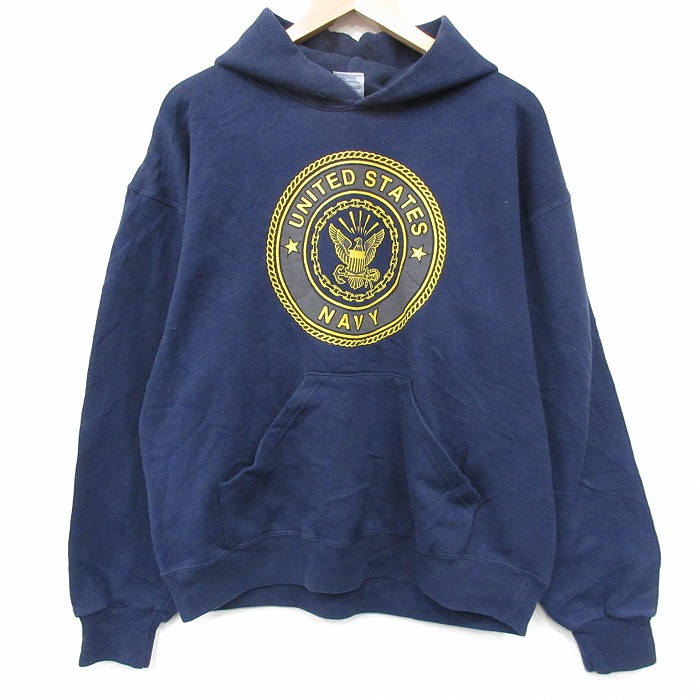L★古着 長袖 スウェット パーカー メンズ 90年代 90s ミリタリー USネイビー リフレクター USA製 薄紺 26feb24