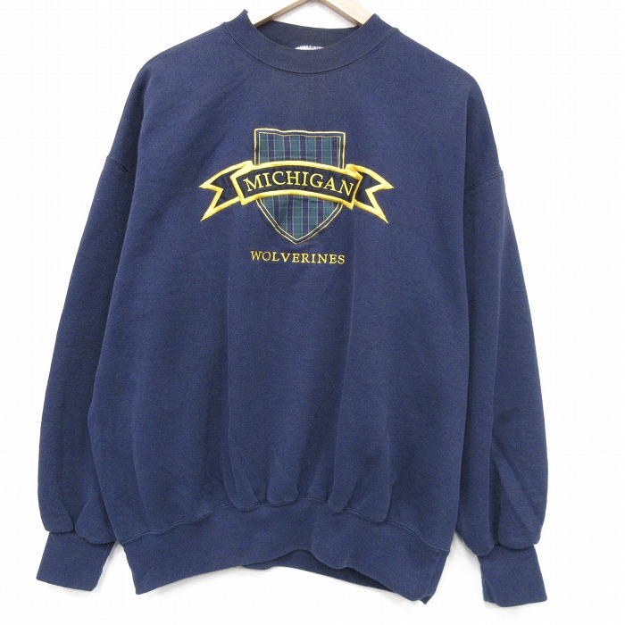 90s 長袖スウェット ミシガン刺繍 ネイビー XL | 古着