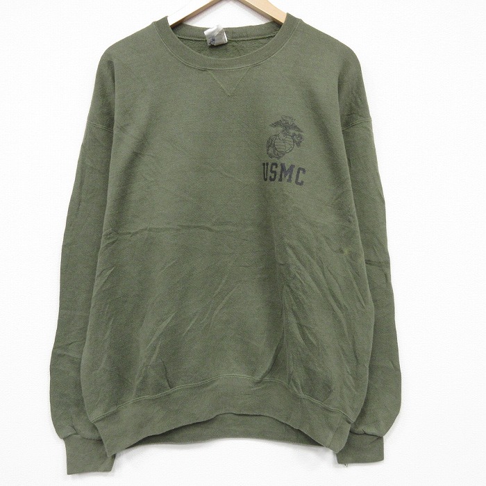 L★古着 長袖 スウェット メンズ 90年代 90s ミリタリー USMC クルーネック USA製 濃緑 26feb26