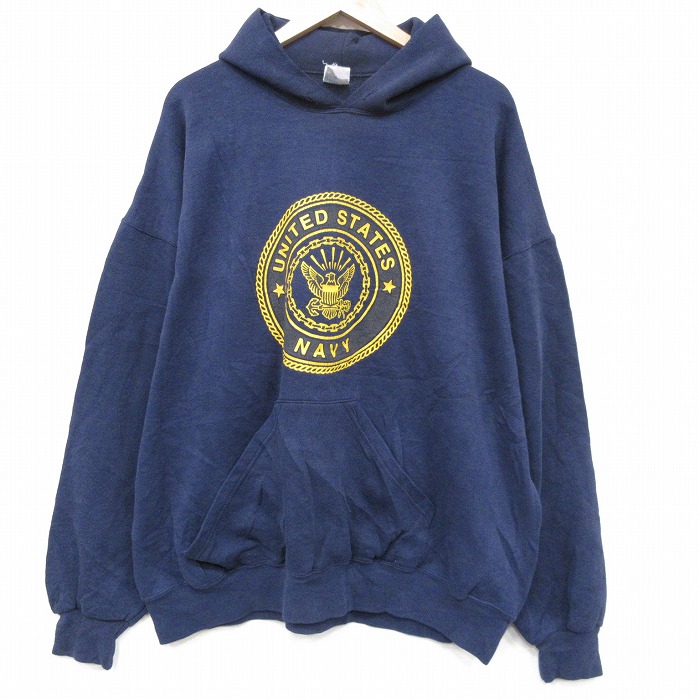 XL★古着 長袖 スウェット パーカー メンズ 90年代 90s ミリタリー USネイビー リフレクター大きいサイズ 薄紺 26feb26