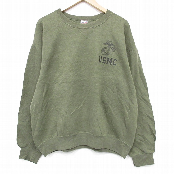 L★古着 長袖 スウェット メンズ 90年代 90s ミリタリー USMC クルーネック USA製 濃緑 26feb26