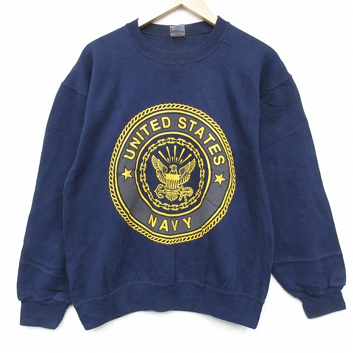 M★古着 長袖 スウェット メンズ 90年代 90s ミリタリー USネイビー リフレクタークルーネック USA製 薄紺 26feb26