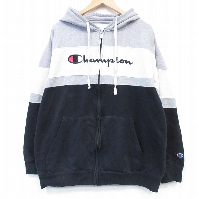 XL★古着 チャンピオン Champion 長袖 フルジップ スウェット パーカー メンズ ビッグロゴ 刺繍 大きいサイズ ブラック 26jun18