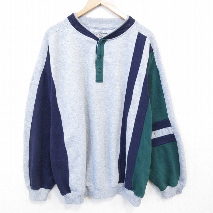 XL★古着 長袖 スウェット メンズ 00年代 00s 大きいサイズ マルチカラー ヘンリーネック 薄グレー他 霜降り【spe】 26feb27