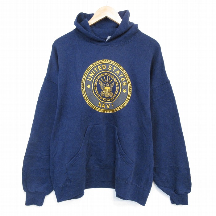 XL★古着 長袖 スウェット パーカー メンズ 90年代 90s ミリタリー USネイビー リフレクター大きいサイズ USA製 紺 26feb27