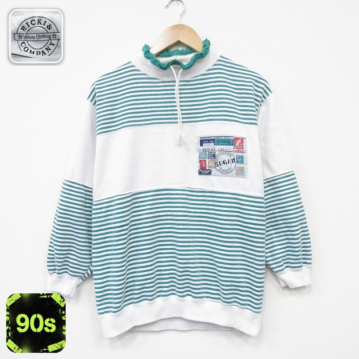 90s モックネックスウェット ボーダー ホワイト M | 古着