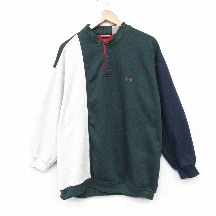 L★古着 ビューグルボーイ 長袖 スウェット メンズ 00年代 00s ワンポイントロゴ ツートンカラー ヘンリーネック 緑他 26feb28