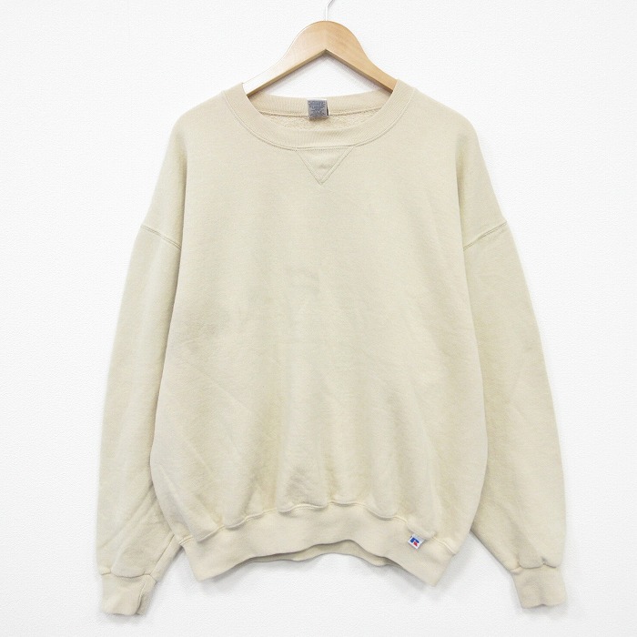 XL★古着 ラッセル 長袖 スウェット メンズ 00年代 00s 無地 クルーネック ベージュ 26mar05