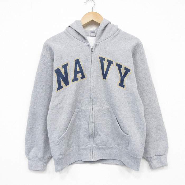 S★古着 長袖 フルジップ スウェット パーカー メンズ 00年代 00s ミリタリー ネイビー NAVY グレー 霜降り 26mar05