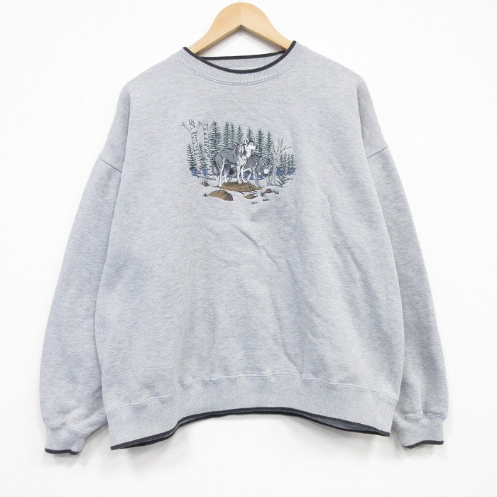 XL★古着 長袖 スウェット メンズ 00年代 00s オオカミ 刺繍 大きいサイズ クルーネック グレー 霜降り 26mar04