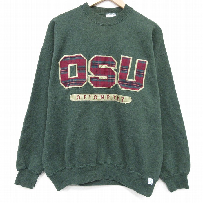 XL★古着 ディスカス 長袖 スウェット メンズ 90年代 90s OSU 刺繍 クルーネック USA製 濃緑 26mar03